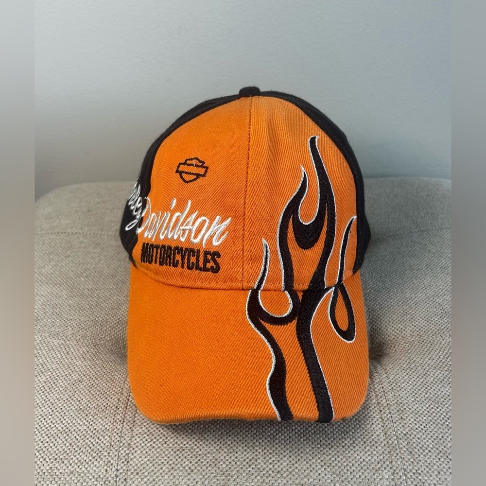 VTG Harley Davidson Mens Hat Cap Adjustable Black Orange Flames Embroidered Logo